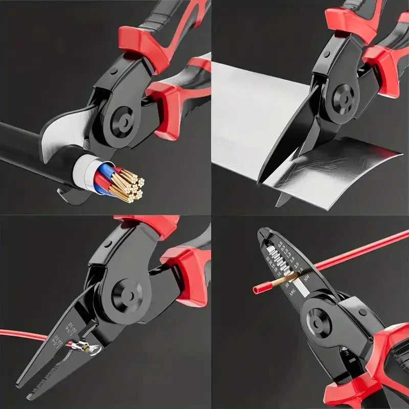 Multi-functional crimper, cutter, and tin snips cutting cable, metal sheet, and wire. Durable stainless steel tool for electrical projects.