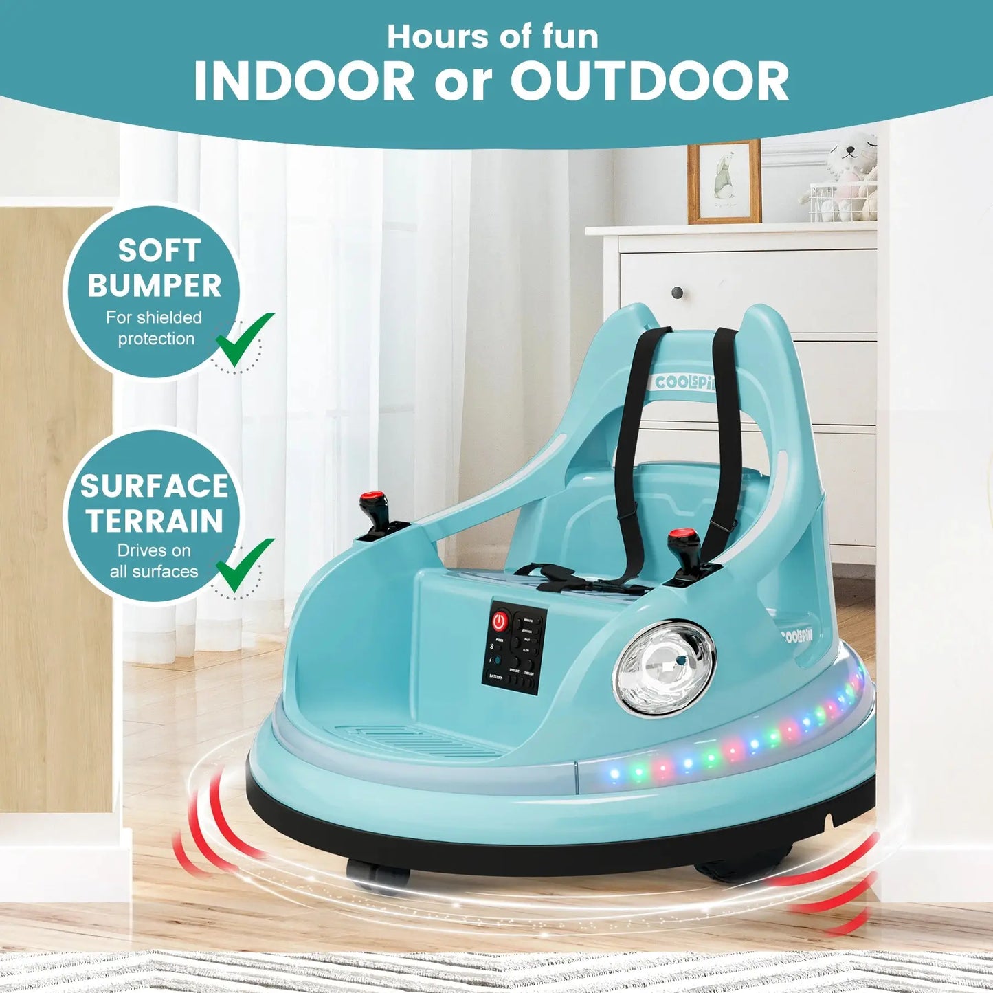 Blue bumper car for indoor and outdoor use