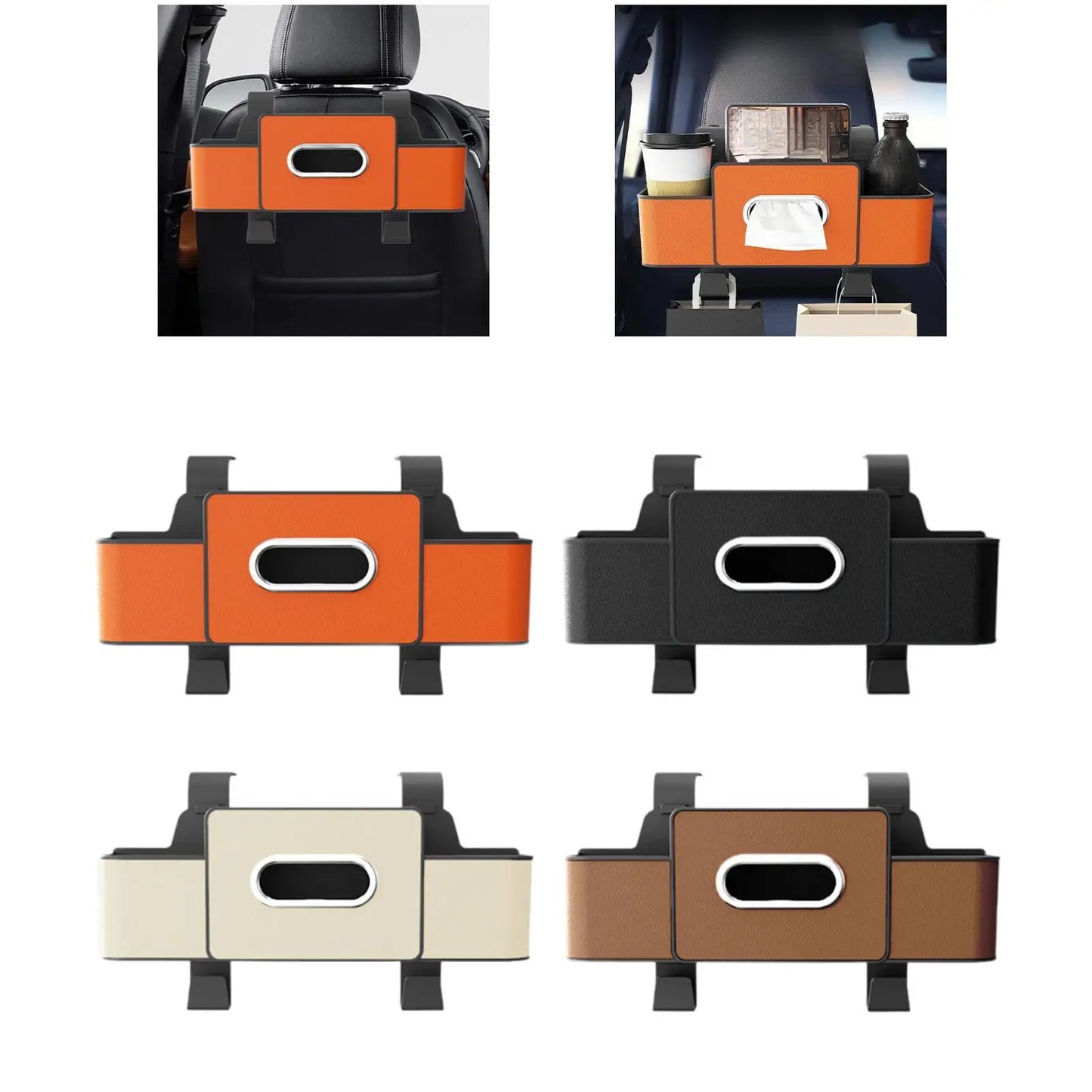 Car seat back organizer with tissue box and cup holder