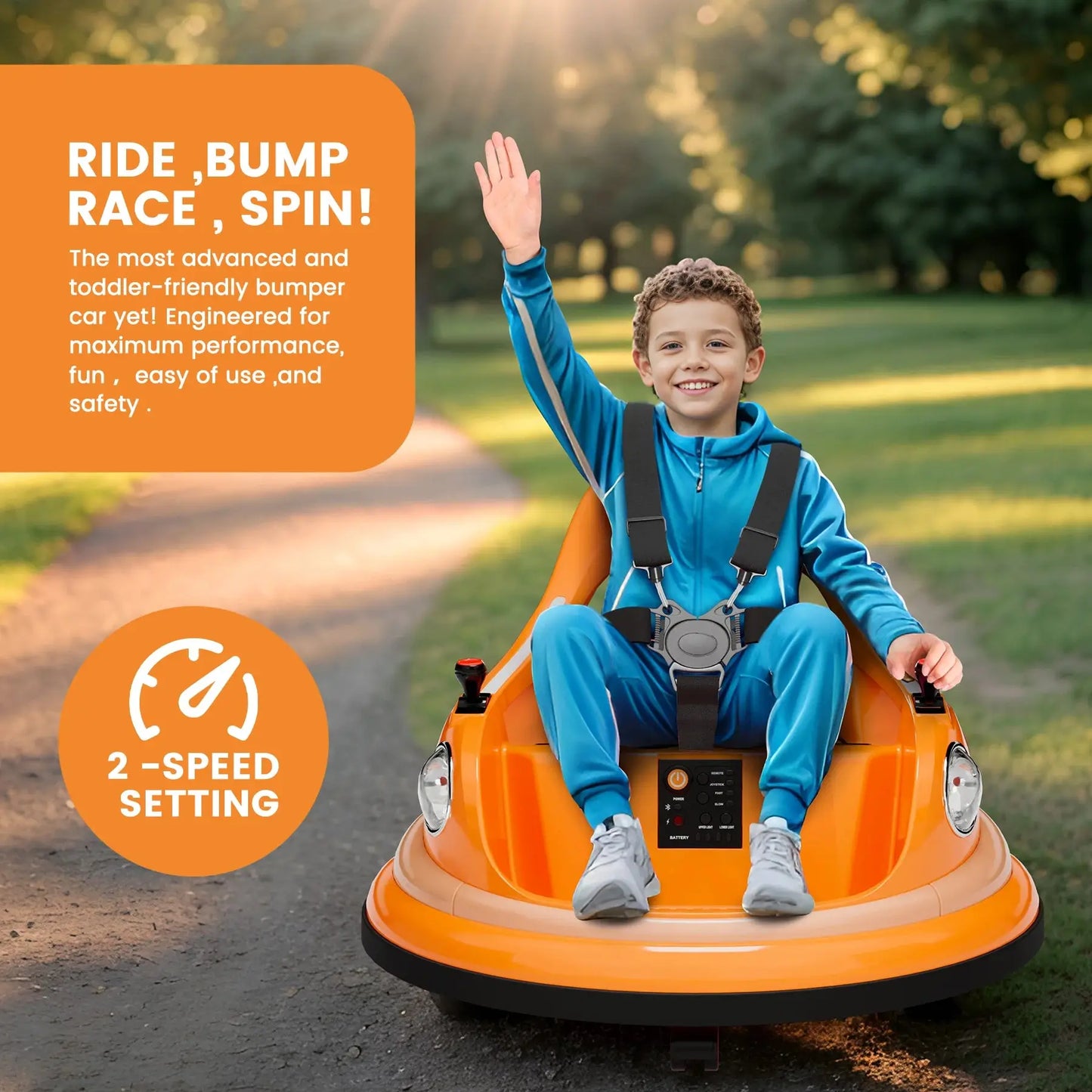Child enjoying orange bumper car with 2-speed setting