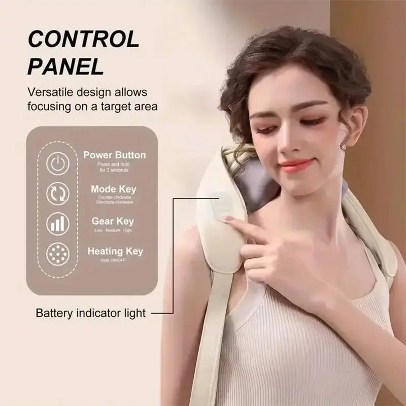 Back massager with heat and remote control, featuring a versatile design for targeted relief. Includes power, mode, gear, and heating controls with a battery indicator light.