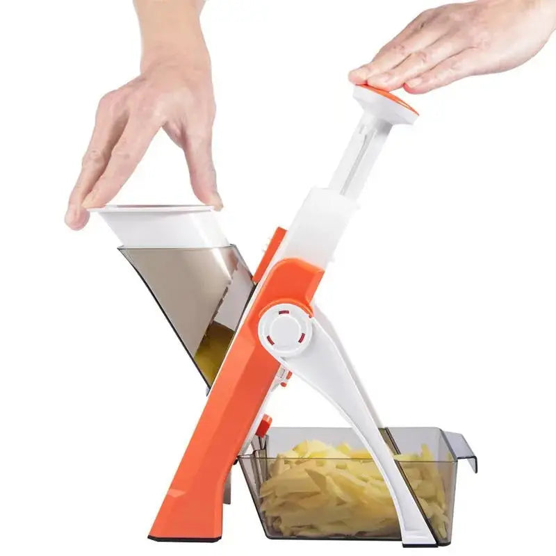 Manual vegetable cutter with adjustable mandoline slicer design, featuring a safe hand guard and container for effortless food prep.