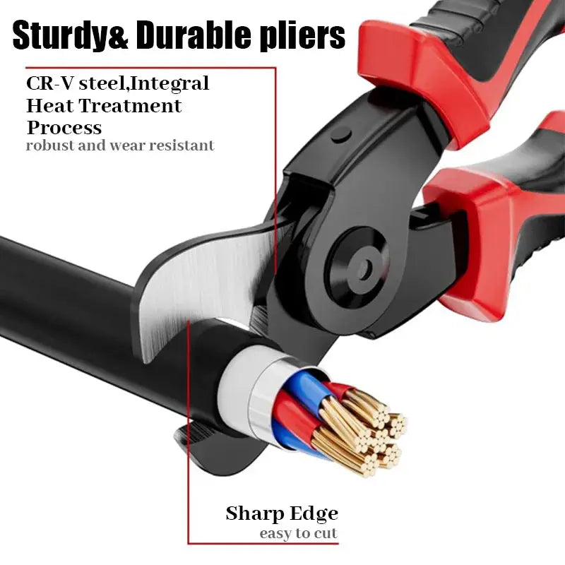 Close-up of sturdy pliers with sharp edge cutting a cable. Made of CR-V steel with heat treatment for durability and precision.
