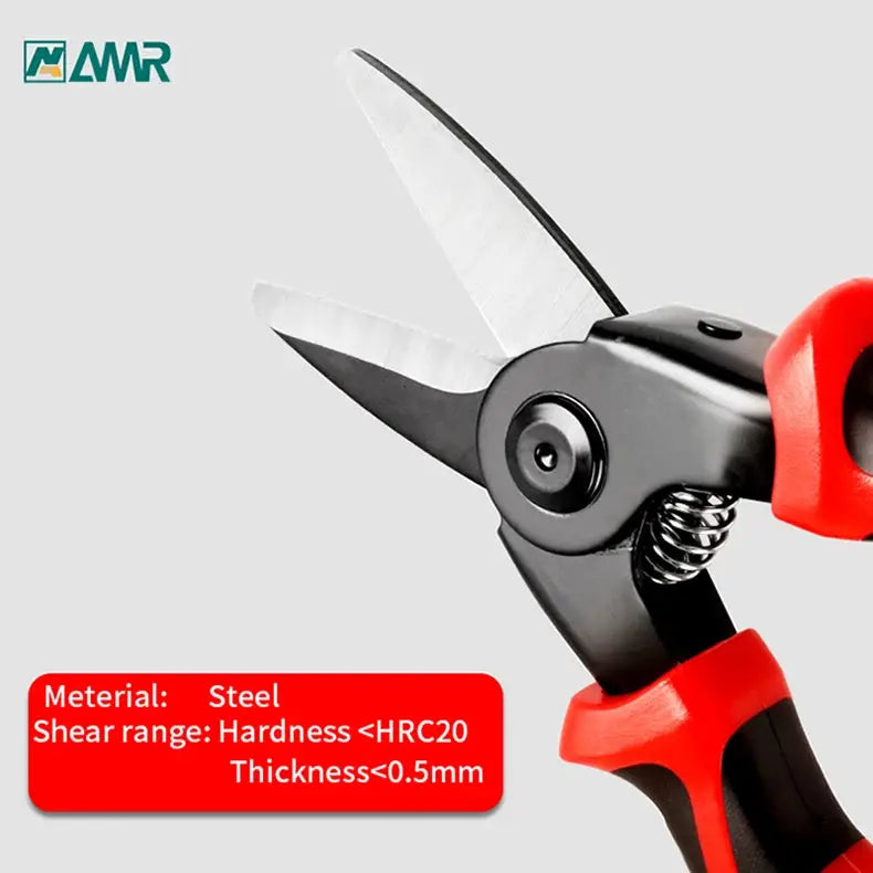 Steel garden scissors with sharp blades for cutting thin materials. Shear range hardness <HRC20 and thickness <0.5mm.