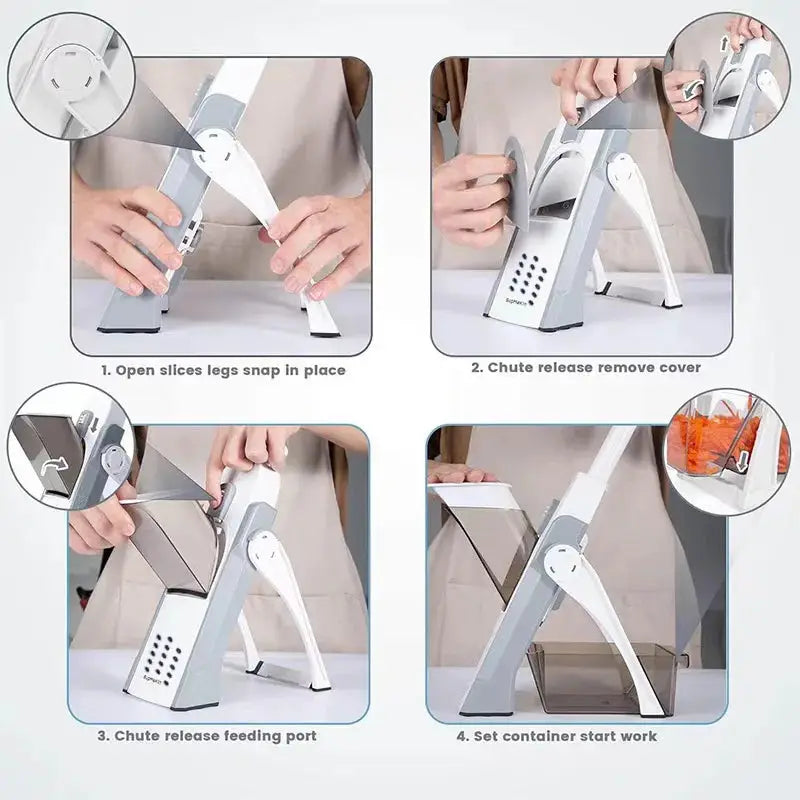 Manual vegetable cutter with step-by-step instructions for setup and use, featuring a safe mandoline slicer design for effortless food prep.