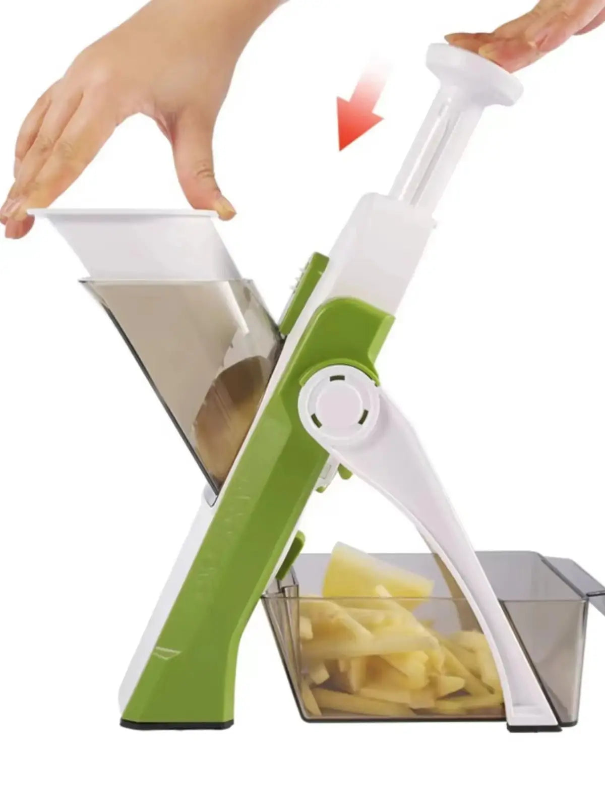Manual vegetable cutter with adjustable mandoline slicer, featuring a green and white design. Ideal for safe and efficient slicing, dicing, and chopping of vegetables.