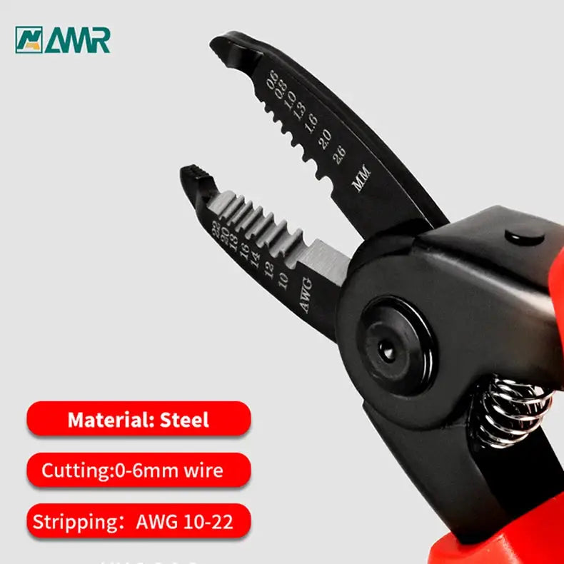 Steel pliers with wire stripping and cutting capabilities. Cuts 0-6mm wire and strips AWG 10-22, ideal for electrical applications.