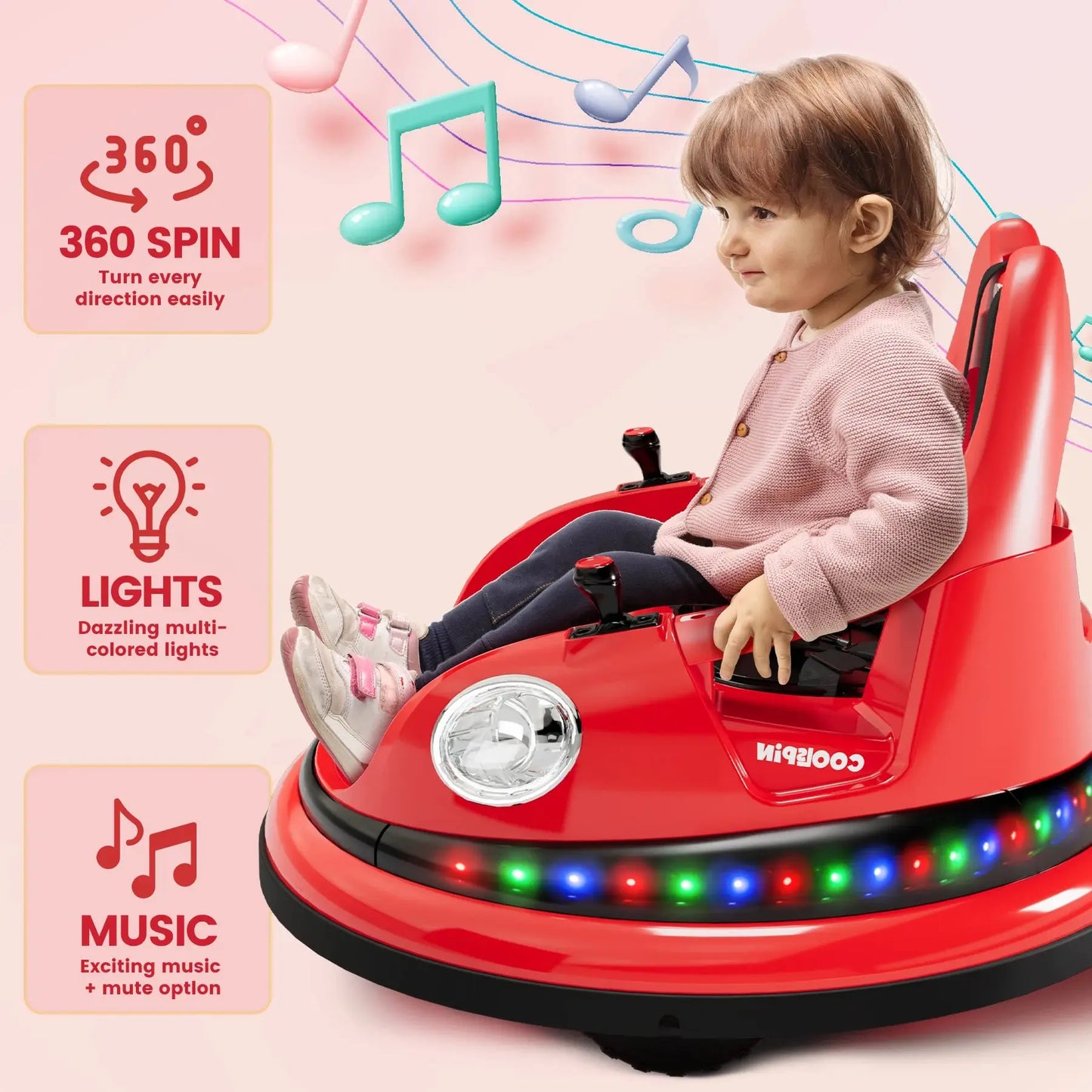 Toddler in red bumper car with 360 spin and music features