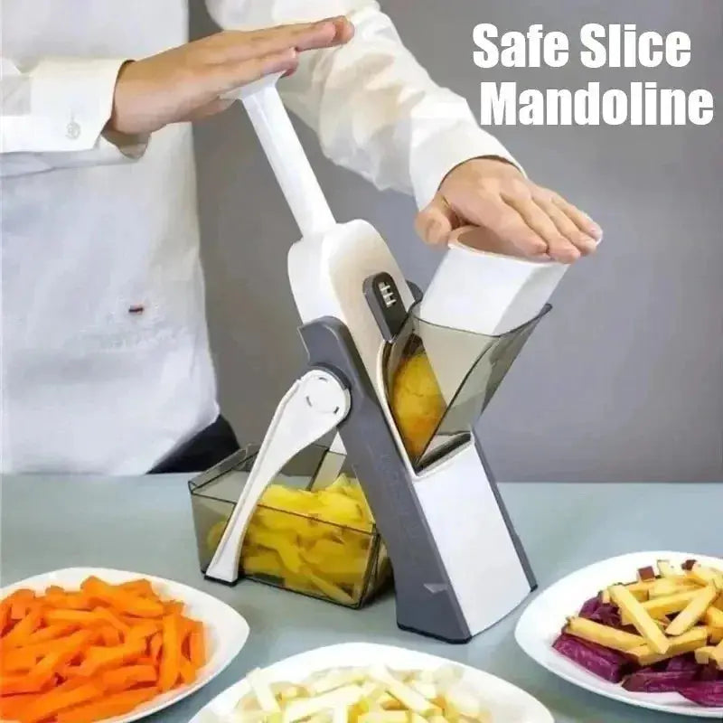 Manual vegetable cutter with safe mandoline slicer design, featuring adjustable settings for slicing and dicing vegetables effortlessly. Ideal for quick and safe food preparation in the kitchen.