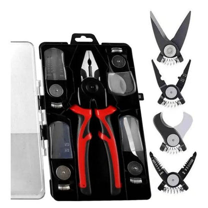 Complete tool set with multi-functional pliers and various cutting heads. Ideal for electrical and DIY projects, stored in a portable case.