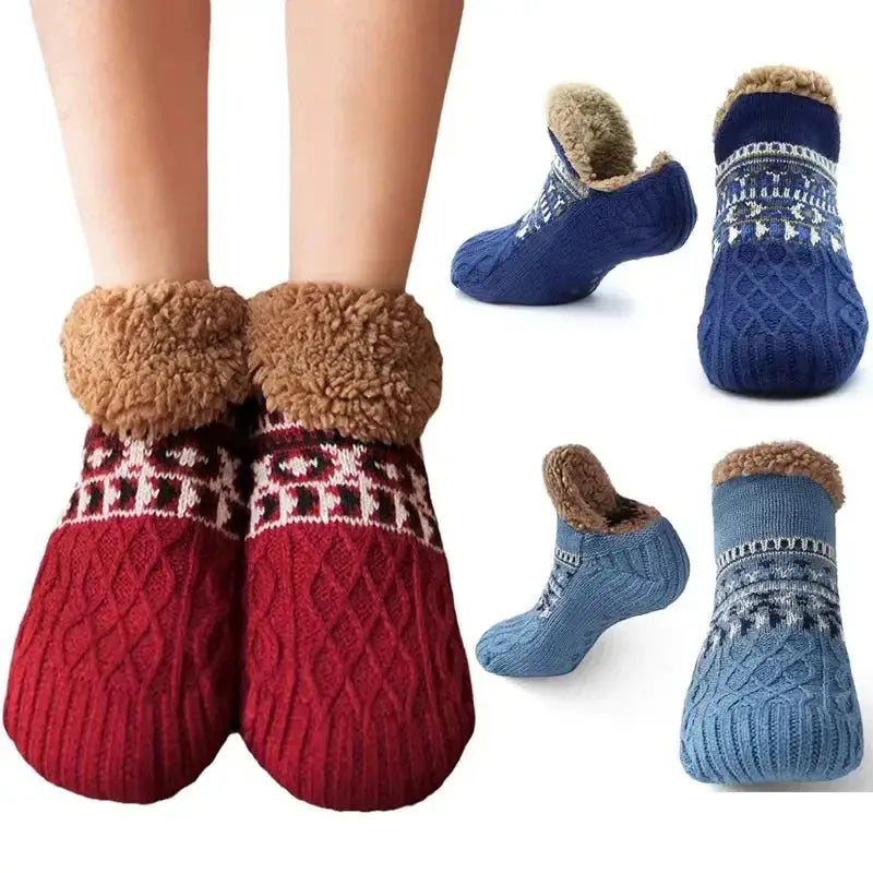 Assorted fuzzy slipper socks with grips in various colors