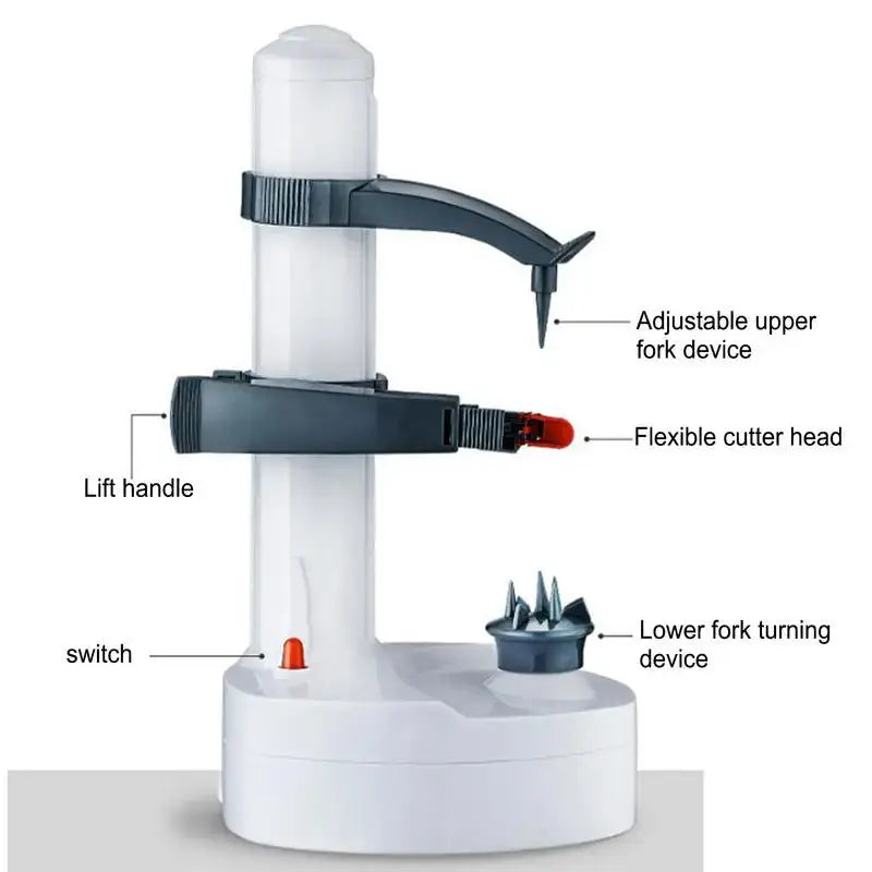 Close-up of electric rotating peeler with labeled parts, including adjustable fork device, cutter head, and switch. Ideal for precise peeling.