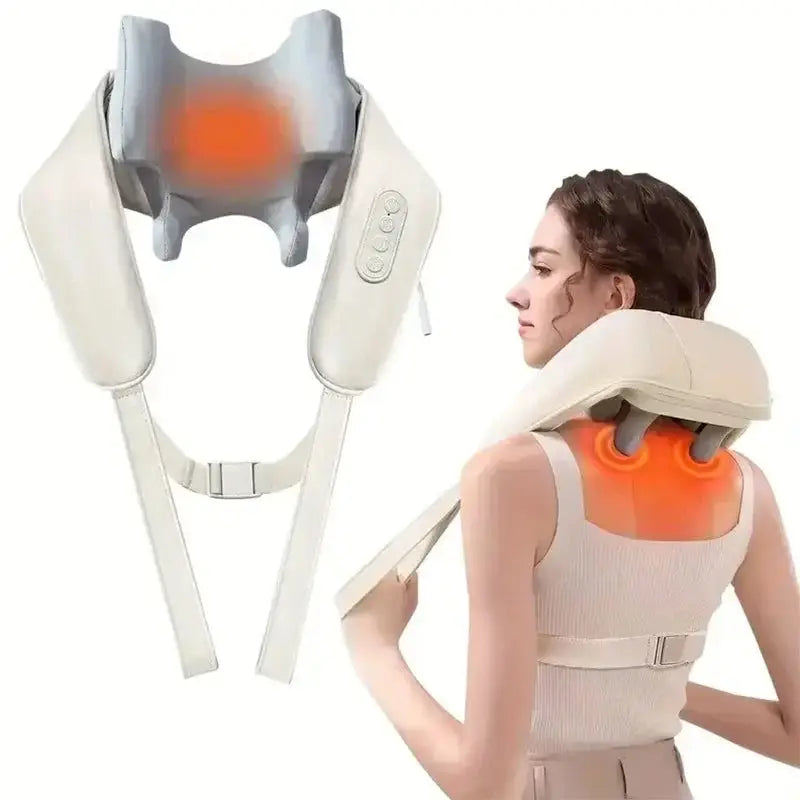 Back massager with heat and remote, featuring ergonomic design and adjustable straps, shown on a woman’s shoulders for neck and back pain relief.