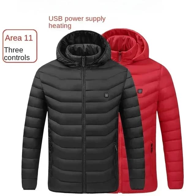 Black and red self-heated jackets with USB heating feature.