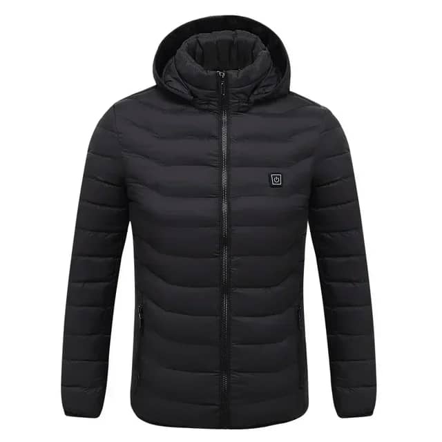 Black self-heated jacket with hood, front view.