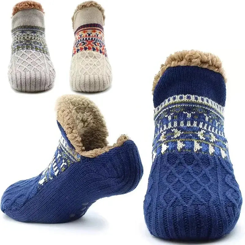 Blue and beige fuzzy slipper socks with grips