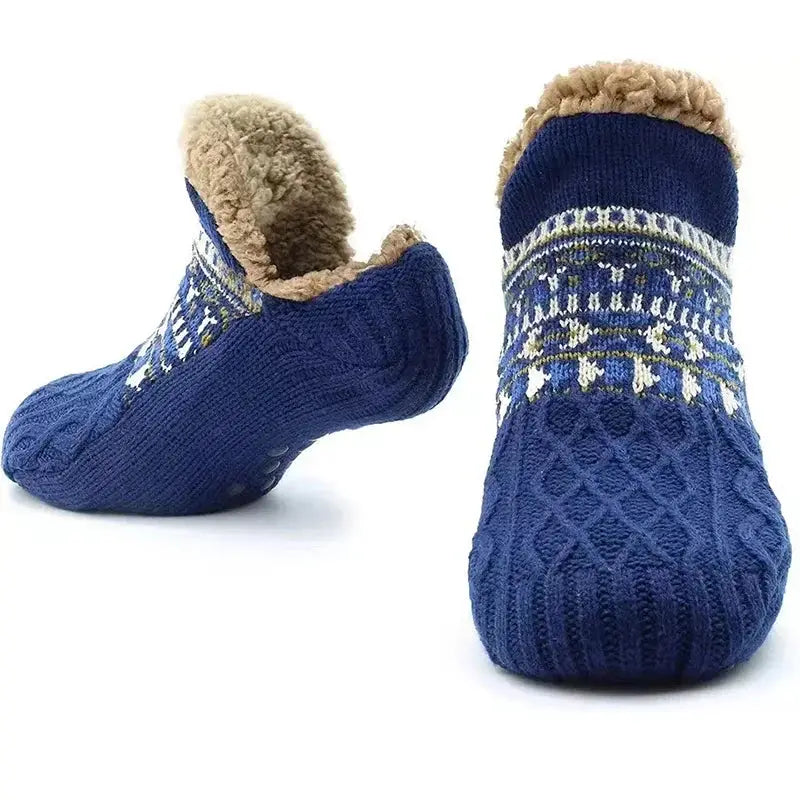 Blue fuzzy slipper socks with grips and soft interior