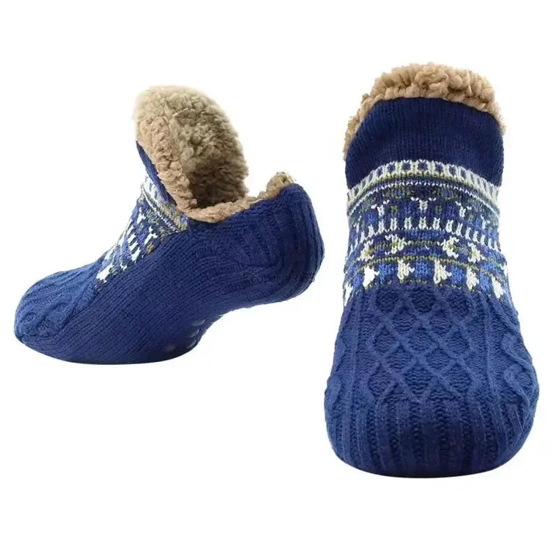 Blue fuzzy slipper socks with grips and winter design