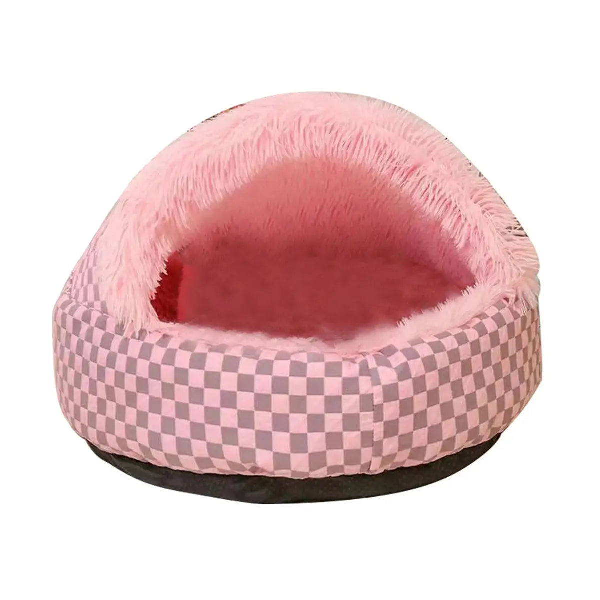 Pink Winter Warm Pet Nest with a checkered pattern and plush interior, providing a warm and cozy bed for pets.