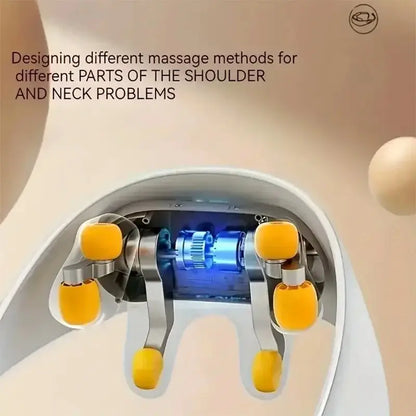 Back massager with heat and remote showcasing internal massage rollers designed for shoulder and neck pain relief.