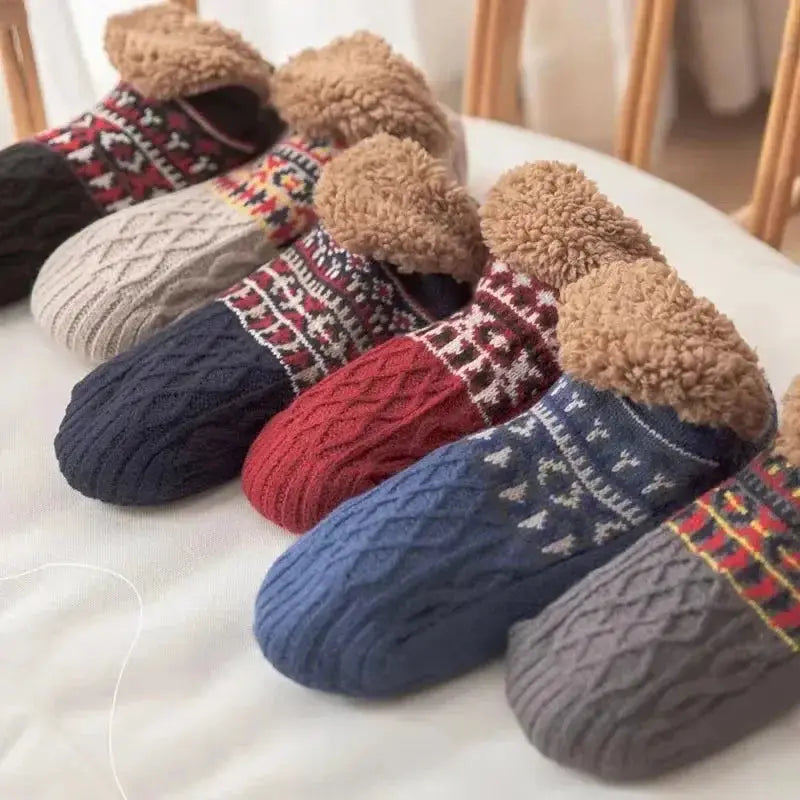 Collection of fuzzy slipper socks with grips on display