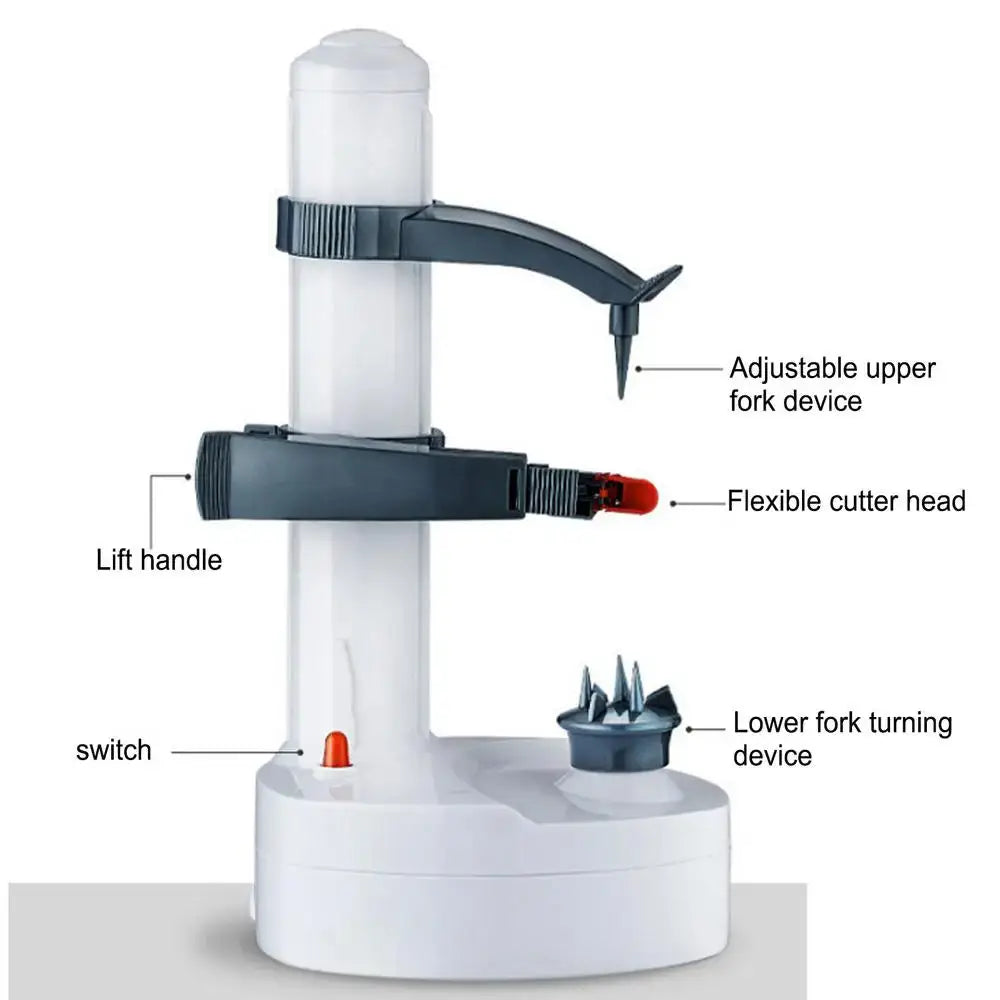 White electric rotating peeler with labeled parts, including adjustable fork device and flexible cutter head. Perfect for kitchen use.