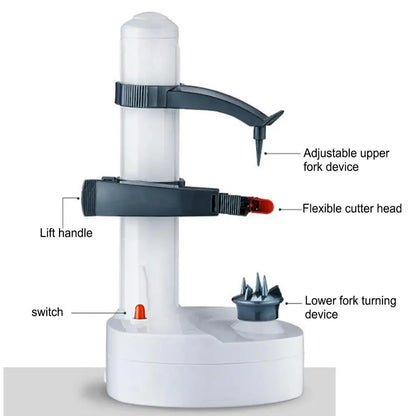 White electric rotating peeler with labeled parts, including adjustable fork device and flexible cutter head. Perfect for kitchen use.