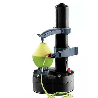 Electric rotating peeler with black base and nylon blade peeling a green fruit. Ideal kitchen gadget for fruits and vegetables.