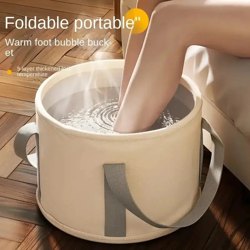 Foot soaking in foldable tub with warm water