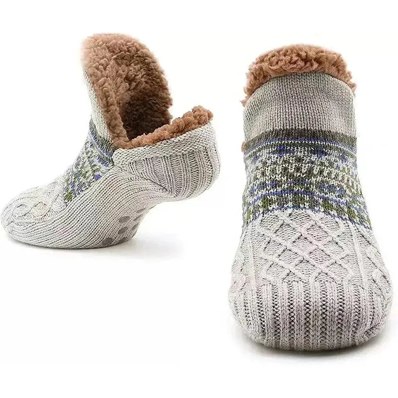 Gray fuzzy slipper socks with grips and cozy lining