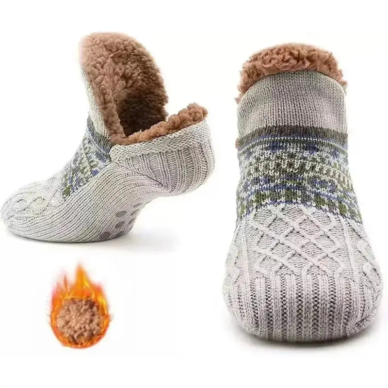 Gray fuzzy slipper socks with grips and warm lining