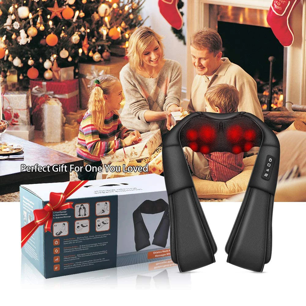 Electric neck massager with heat featuring shiatsu massage nodes, displayed with packaging and a family enjoying Christmas by the fireplace.