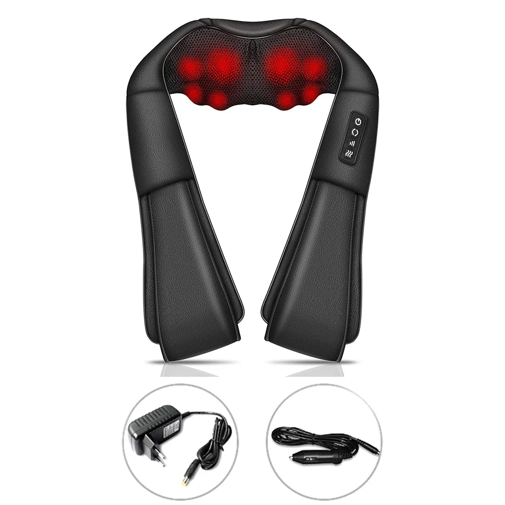 Neck massager with heat featuring a black ergonomic design, LED lights, and control buttons. Includes power adapter and car charger for convenience.