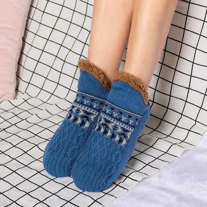 Light blue fuzzy slipper socks worn for comfort