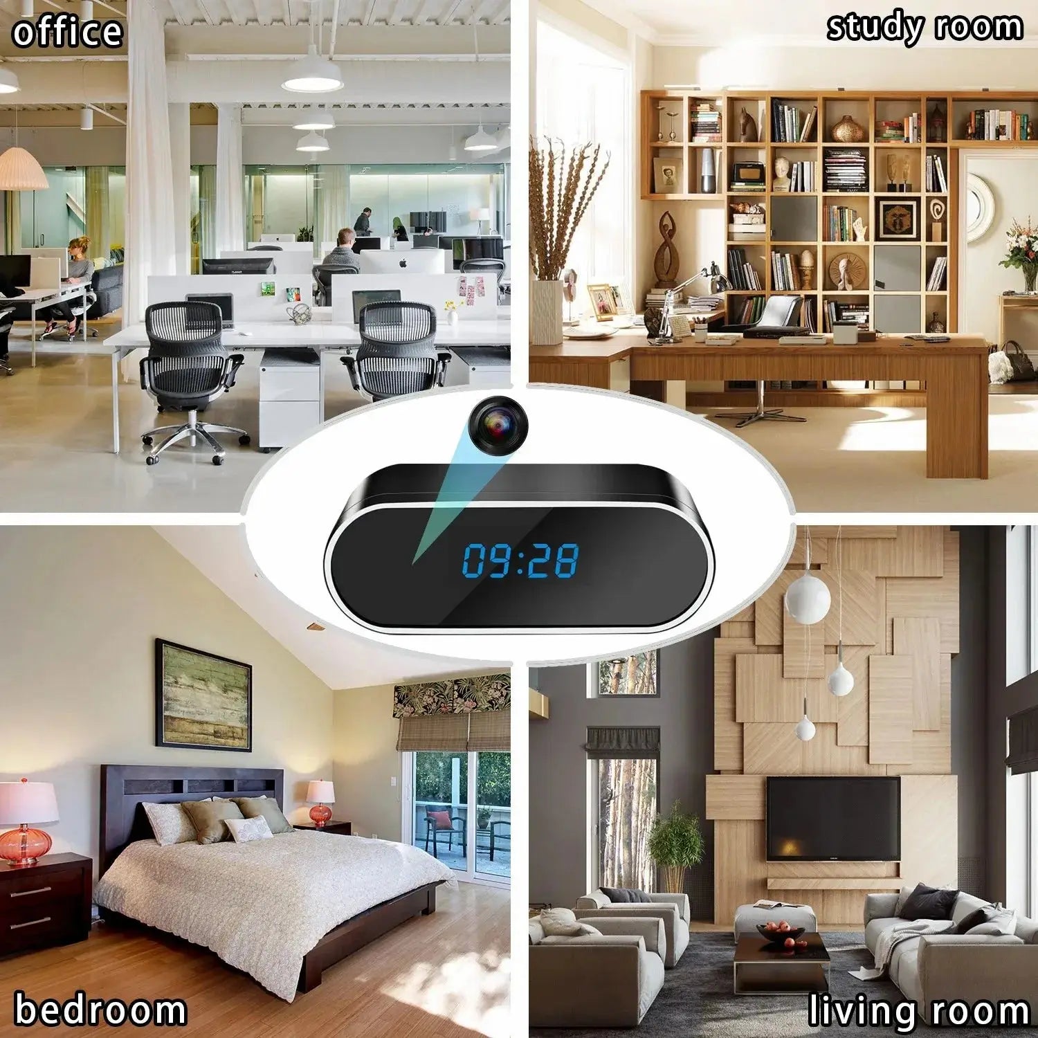 Mini camera clock in various room settings