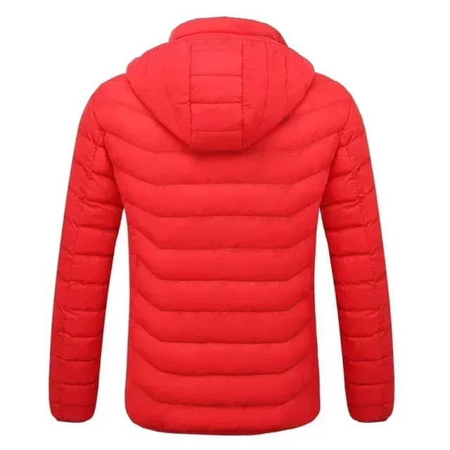 Red self-heated jacket with hood, back view.