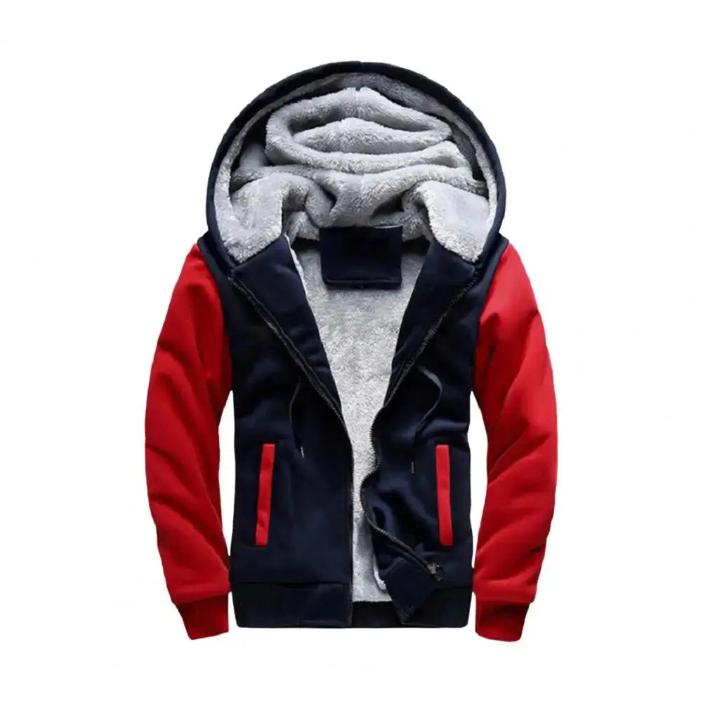 Red and navy sherpa lined hoodie for winter