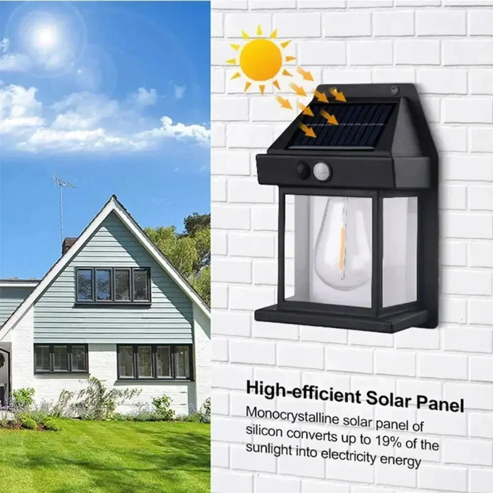 High-efficient solar panel on outdoor wall sconce.