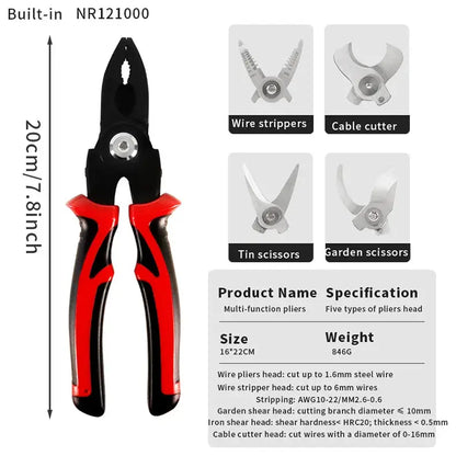 Specifications of multi-functional pliers with interchangeable heads. Includes wire strippers, cable cutters, and tin snips.