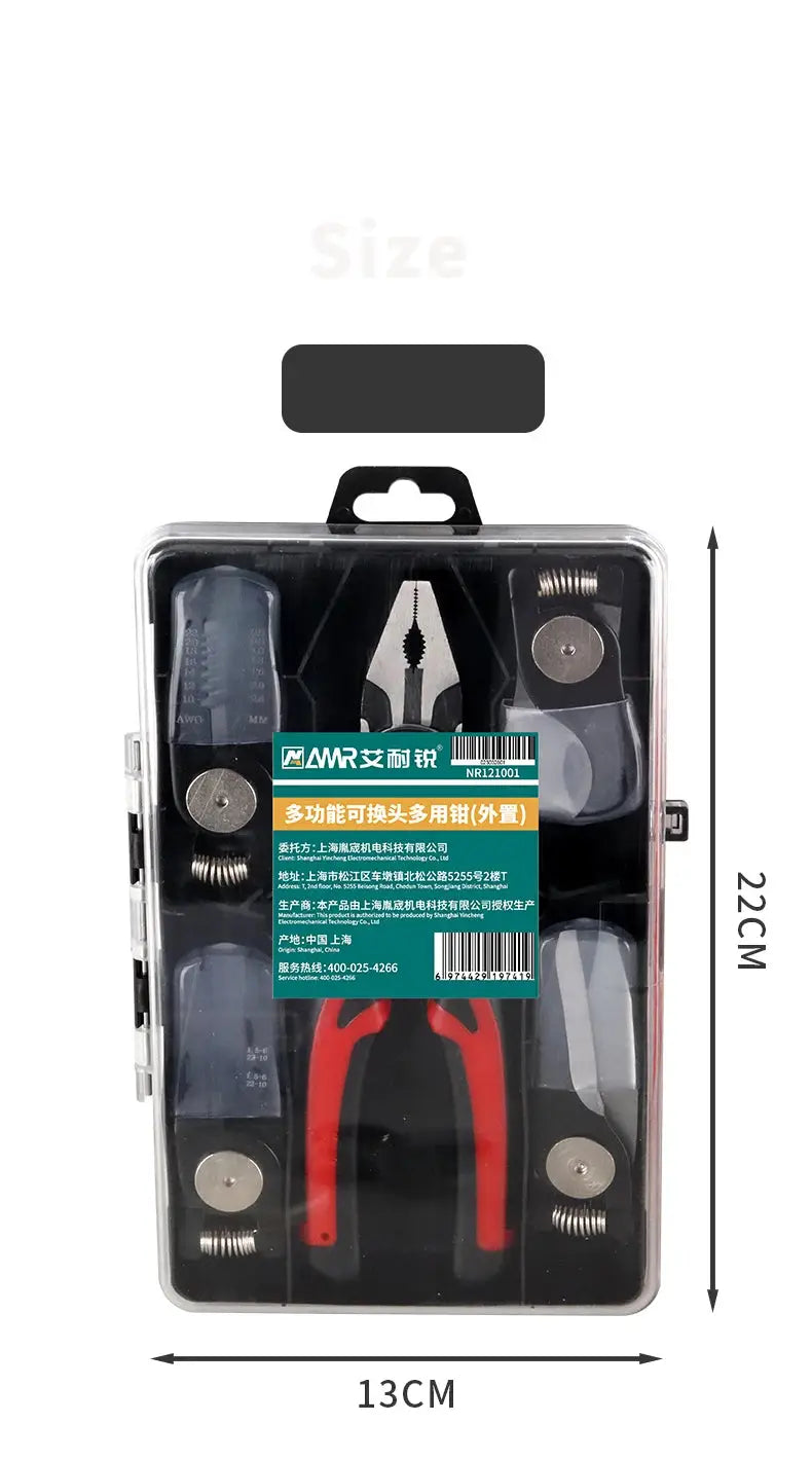 Compact tool kit with multi-functional pliers and interchangeable heads. Includes wire strippers, cable cutters, and tin snips.