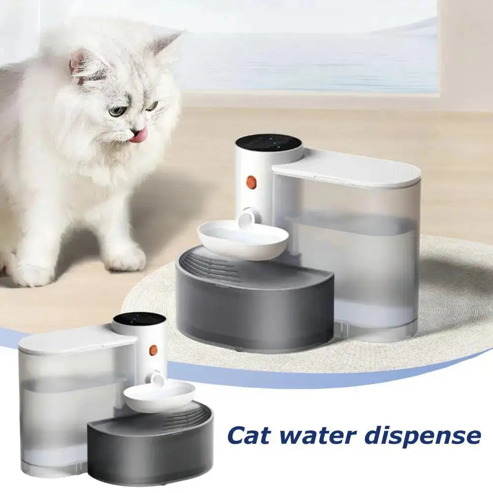 White cat near an automatic pet water dispenser with 3L capacity, designed for safe hydration of pets.