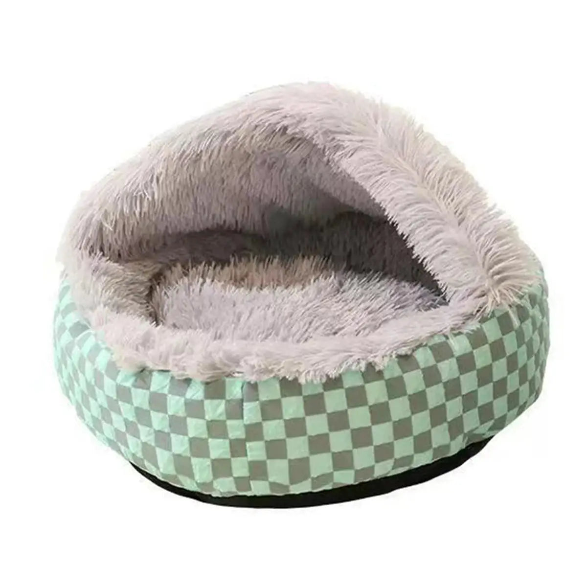 Gray Winter Warm Pet Nest with a checkered pattern and soft plush lining, designed for pet comfort and relaxation.