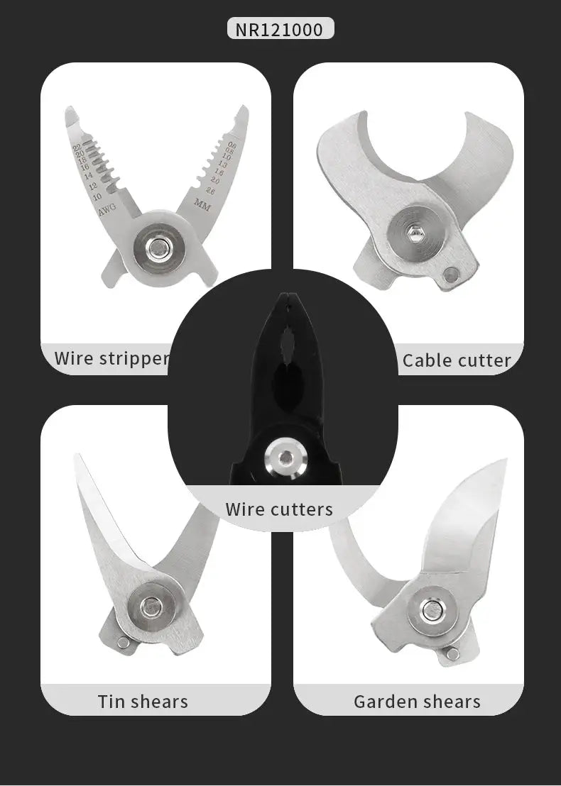 Interchangeable tool heads for wire stripping, cable cutting, tin snipping, and garden shearing. Versatile and durable multi-tool set.