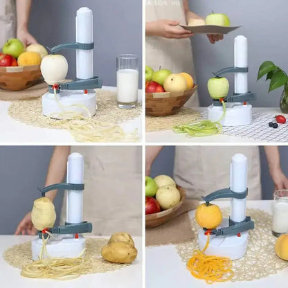 Electric rotating peeler peeling various fruits and vegetables, including apples and potatoes. Versatile kitchen gadget for easy peeling.