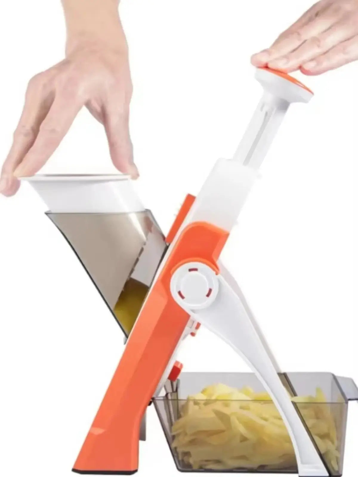 Manual vegetable cutter with adjustable mandoline slicer, featuring a safe hand guard and container for effortless food prep.