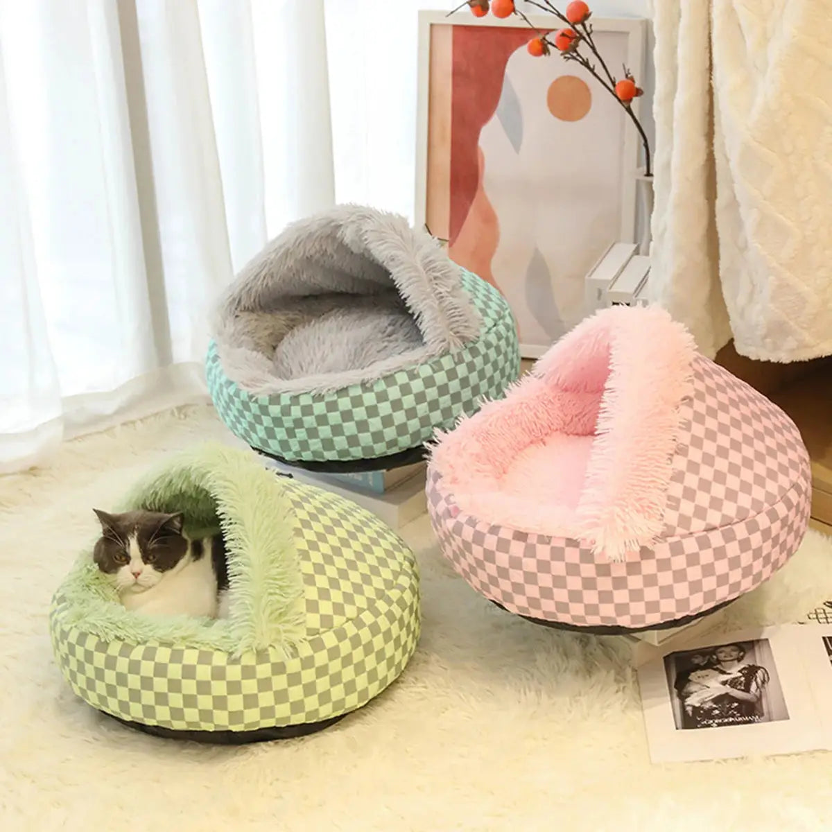 Winter Warm Pet Nest in green, pink, and gray checkered designs with soft plush interiors, ideal for cats and small pets.