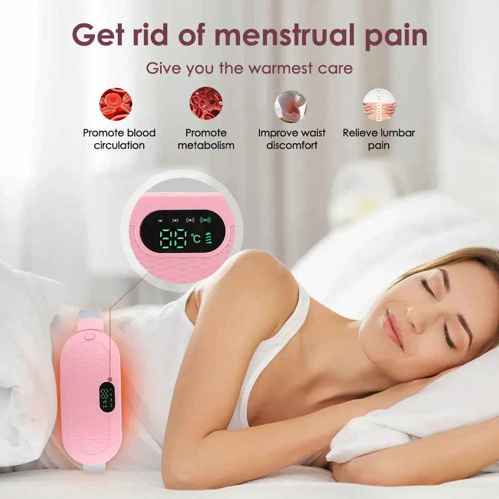 Woman using menstrual heating pad for pain relief