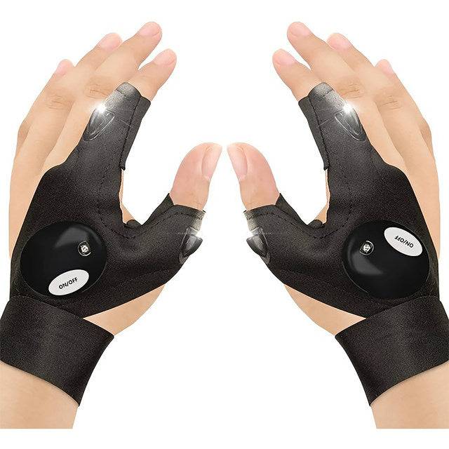 Pair of black LED fishing gloves with built-in lights on thumb and index finger, featuring ergonomic design and waterproof material.