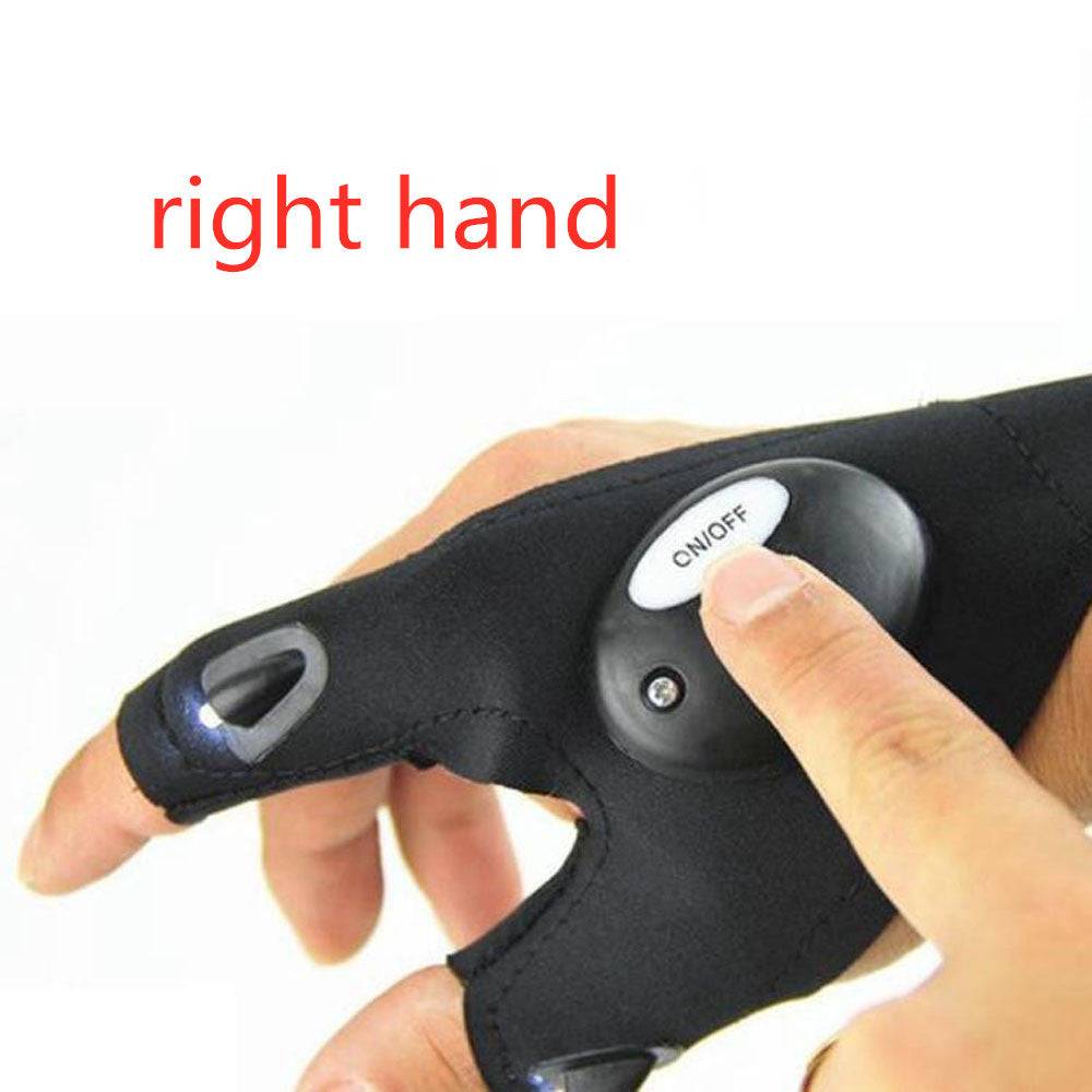 Right-hand black LED fishing glove with close-up of on/off button, showcasing ergonomic design and bright LED lights.