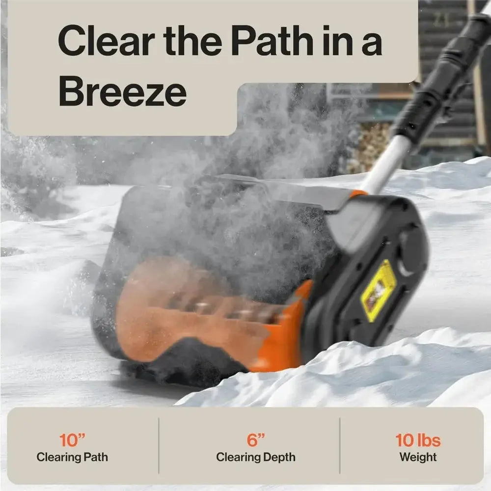 "Cordless electric snow blower in use during snowfall"